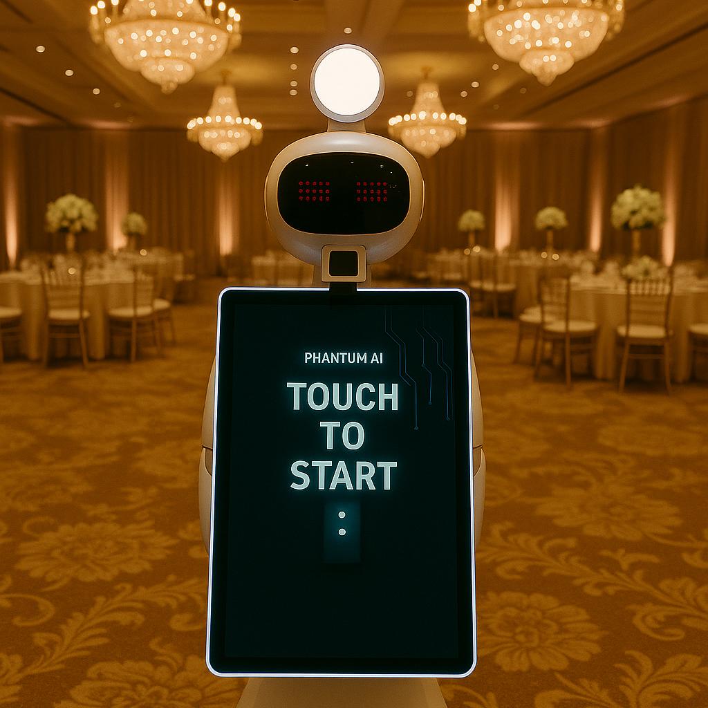 AI Robot Photo Booth at Dubai exhibition capturing branded, AI-enhanced photos for corporate event attendees in a vibrant, tech-driven setting